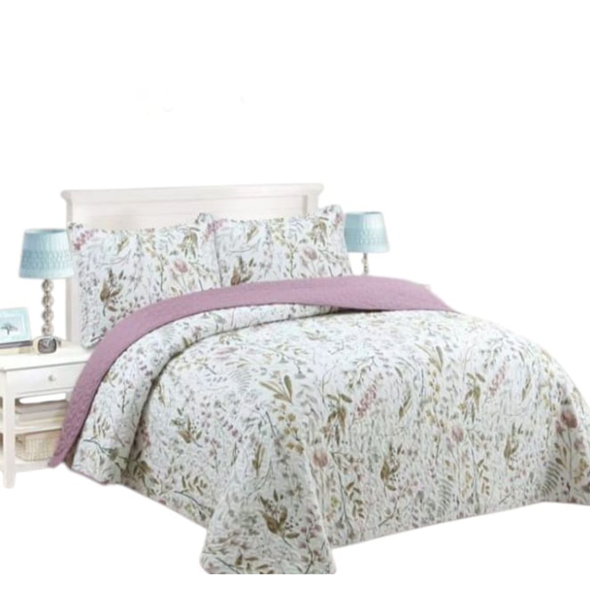 GENERICO - Cubrecama Quilt King Blanco Flor Rosa