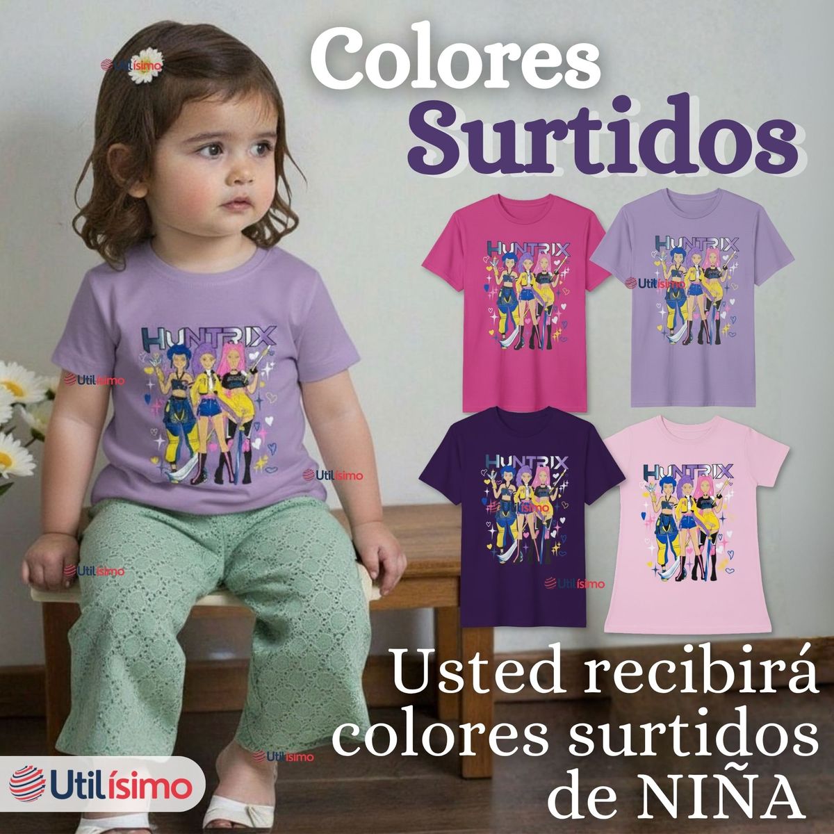 UTILISIMO - Polera Huntrix 100% Algodón Manga Corta Niña HUNTRX Demon Hunters Rumi Mira Zoey