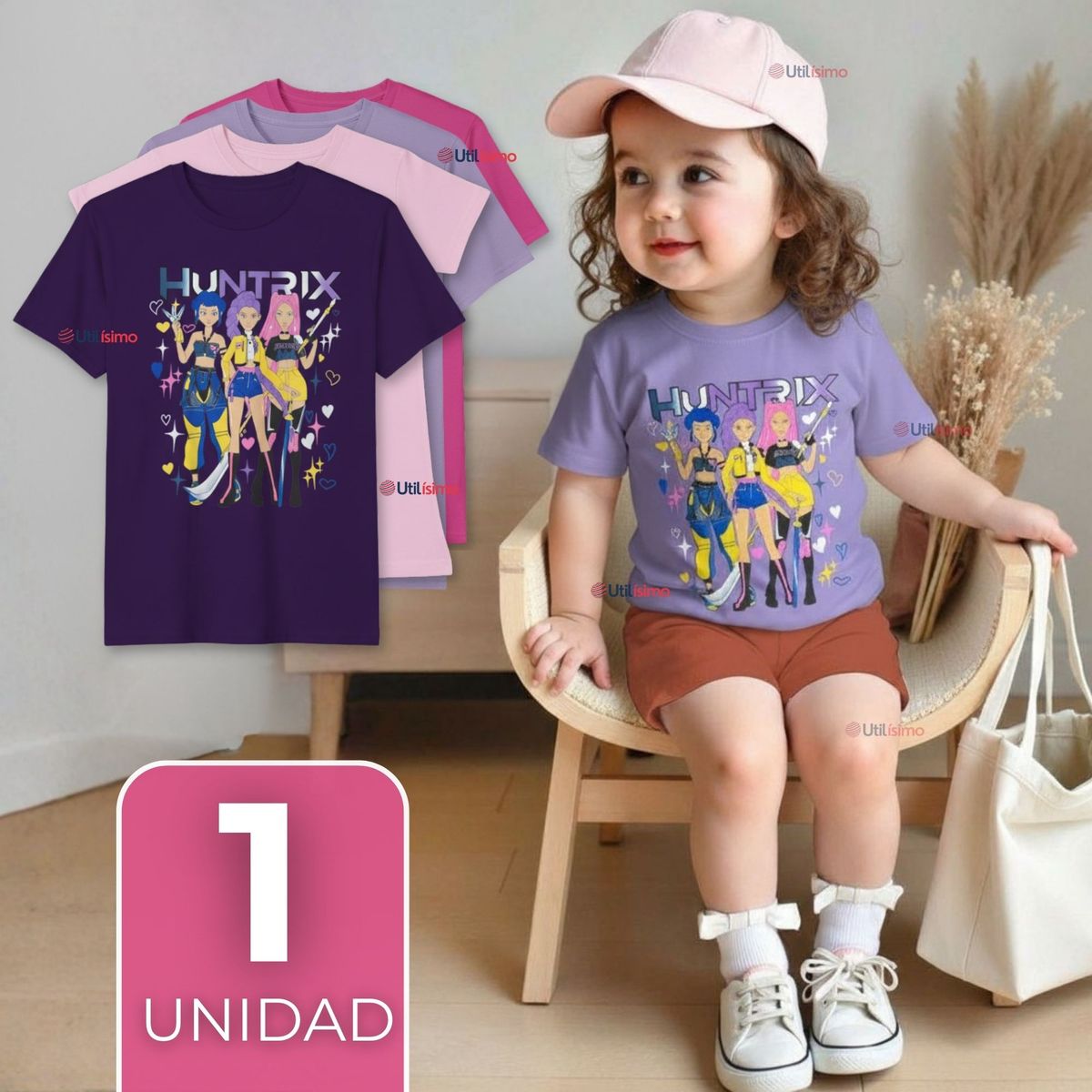 UTILISIMO - Polera Huntrix 100% Algodón Manga Corta Niña HUNTRX Demon Hunters Rumi Mira Zoey