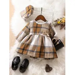 KIRAMA CLOTHING STORE - Vestido a cuadros con lazo delantero y manga larga para chicas