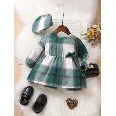 KIRAMA CLOTHING STORE - Vestido verde a cuadros con lazo y boina para chicas