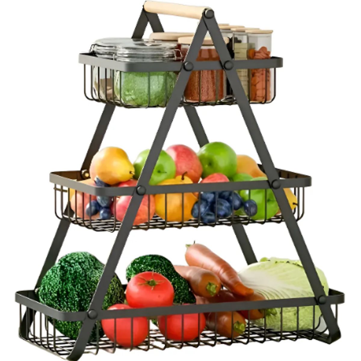 GENERICO - Cesta Genérica MJ-3032 para Frutas Vegetales Organizador Multiusos 3 Niveles color Negro