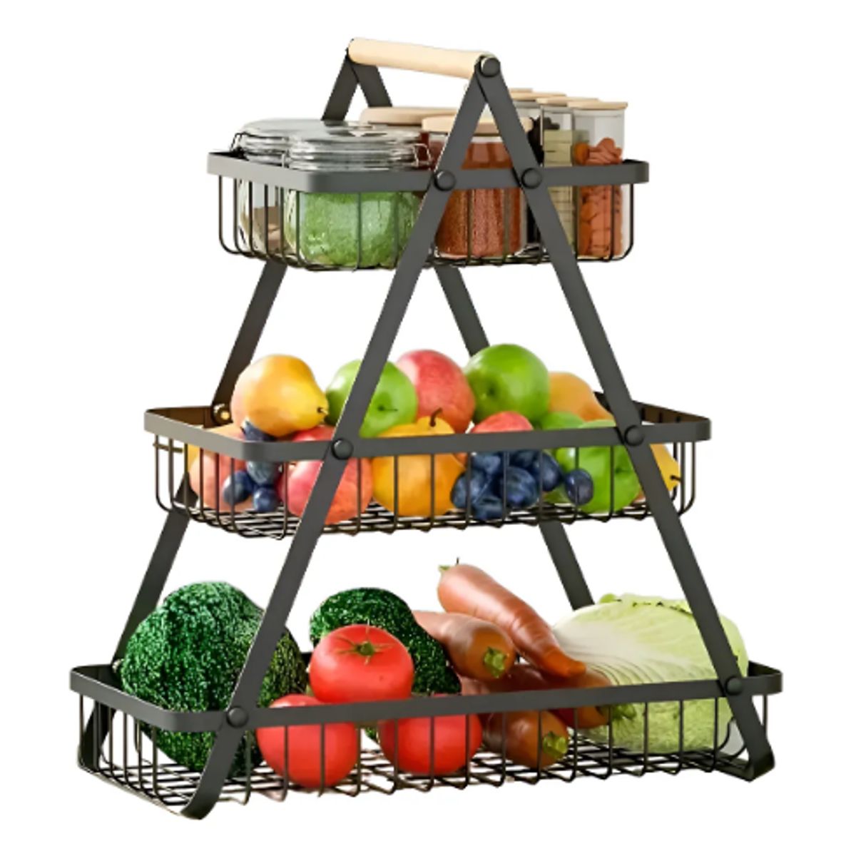 GENERICO - Cesta Genérica MJ-3032 para Frutas Vegetales Organizador Multiusos 3 Niveles color Negro