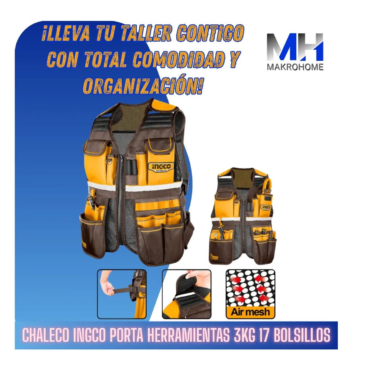 INGCO - Chaleco Porta Herramientas Ingco 17 Bolsillos Ajustable