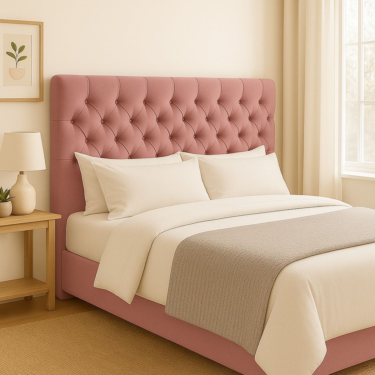 GENERICO - Respaldo De Cama 1.5 Plazas Capitoné Rosado Lino