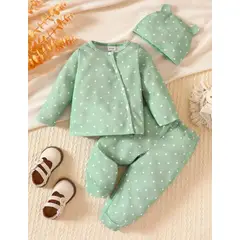 KIRAMA CLOTHING STORE - Set verde de 3 piezas con lunares y gorro con orejitas para bebés