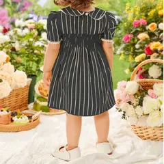 KIRAMA CLOTHING STORE - Vestido smock a rayas con cuello Peter Pan y lazos para chicas