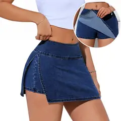 AGW - Falda Short Jeans Mezclilla Full Elasticada Tiro Alto Pretina Alta