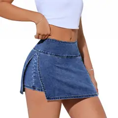 AGW - Falda Short Jeans Mezclilla Full Elasticada Tiro Alto Pretina Alta