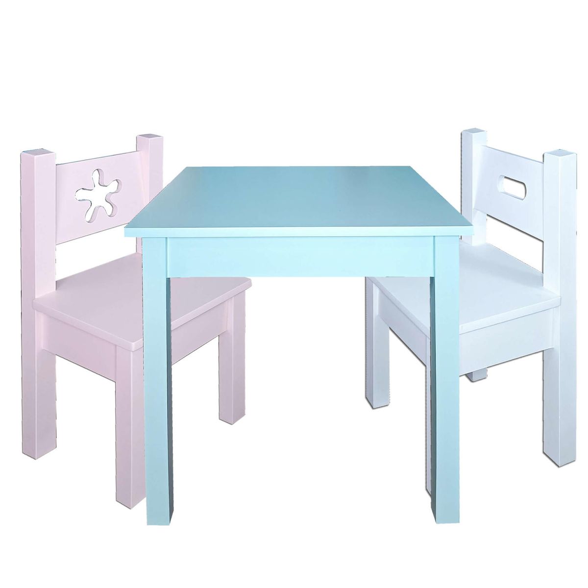 DECORACION CREATIVA - Mesa Infantil Celeste con 2 Sillas (blanca y Rosada Pastel)