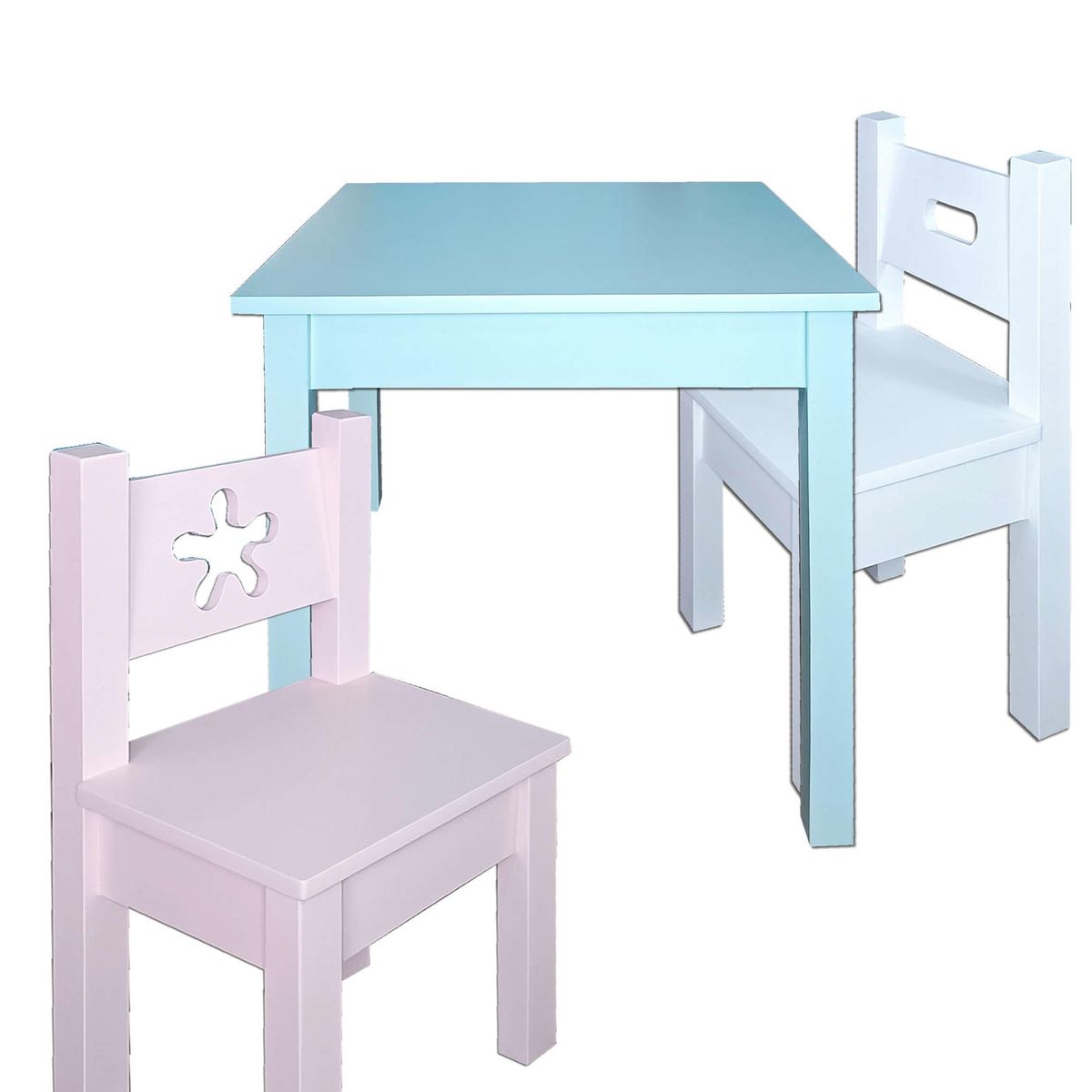 DECORACION CREATIVA - Mesa Infantil Celeste con 2 Sillas (blanca y Rosada Pastel)