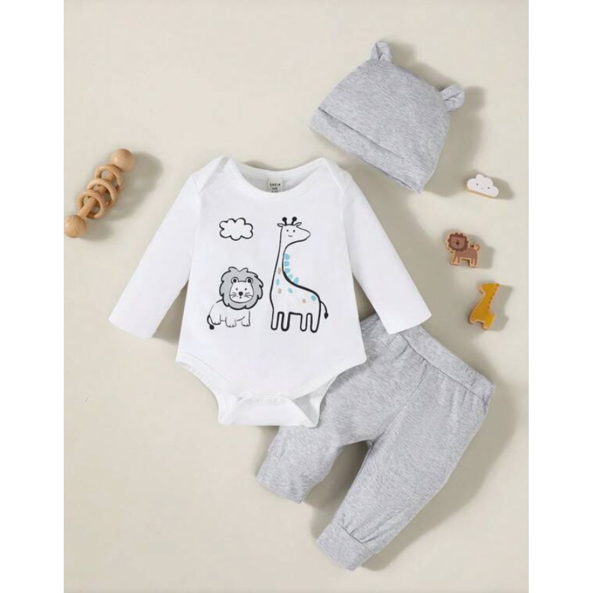 KIRAMA CLOTHING STORE - Set de 3 piezas con estampado de animales y gorro con orejitas para bebés