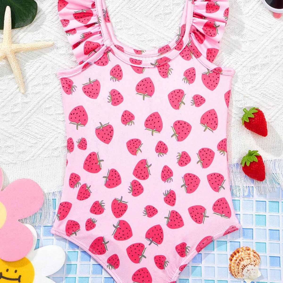 KIRAMA CLOTHING STORE - Traje de baño rosa con volantes y estampado de frutillas para chicas
