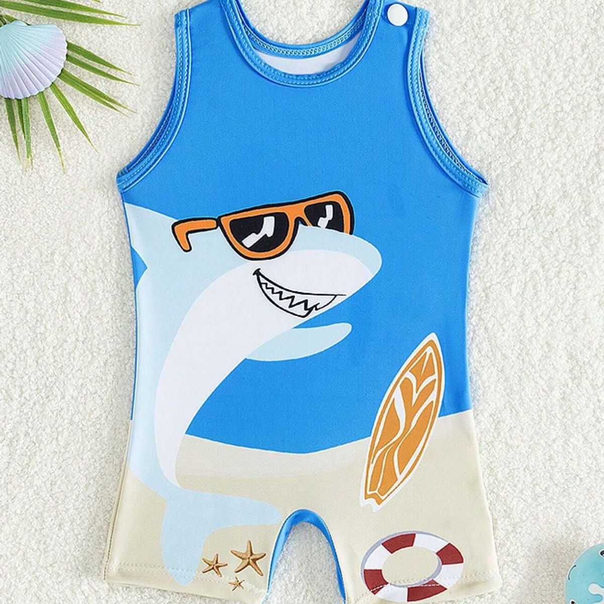 KIRAMA CLOTHING STORE - Traje de baño sin mangas con estampado de tiburón y temática playera para chicos