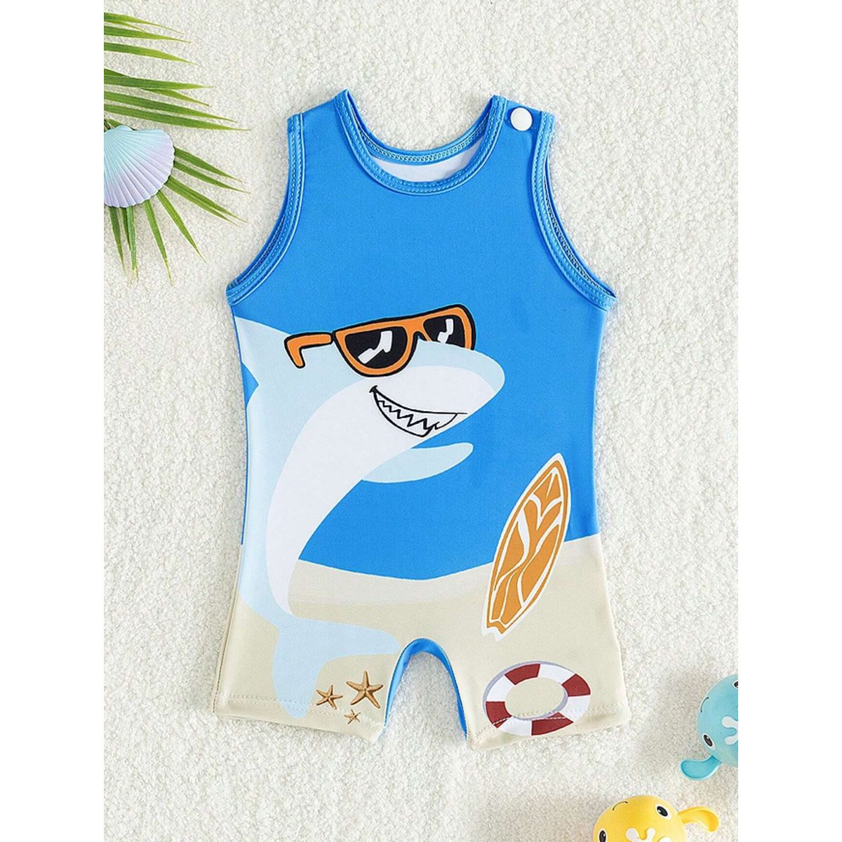 KIRAMA CLOTHING STORE - Traje de baño sin mangas con estampado de tiburón y temática playera para chicos