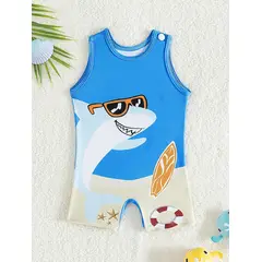 KIRAMA CLOTHING STORE - Traje de baño sin mangas con estampado de tiburón y temática playera para chicos