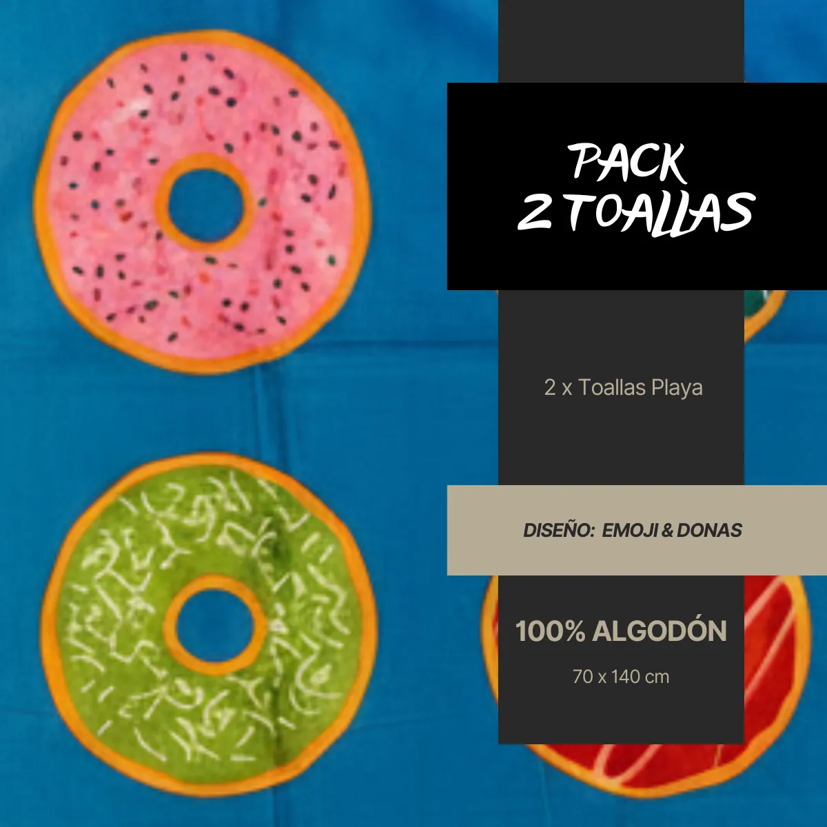 CHITECO - Pack 2 Toallas De Playa Chiteco 100% Algodón 70x140cm Diseño Emoji Y Donas