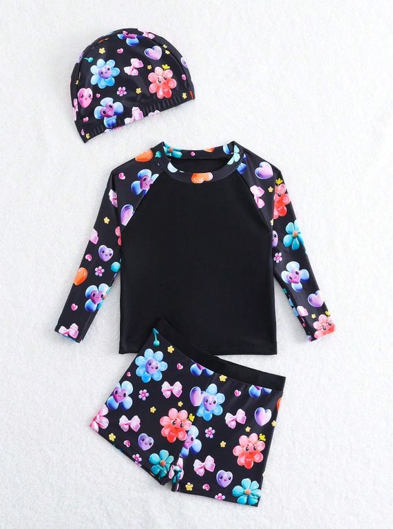 Set de bano negro de 3 piezas con estampado floral y gorro para chicos o chicas Negro 2-3 ANOS