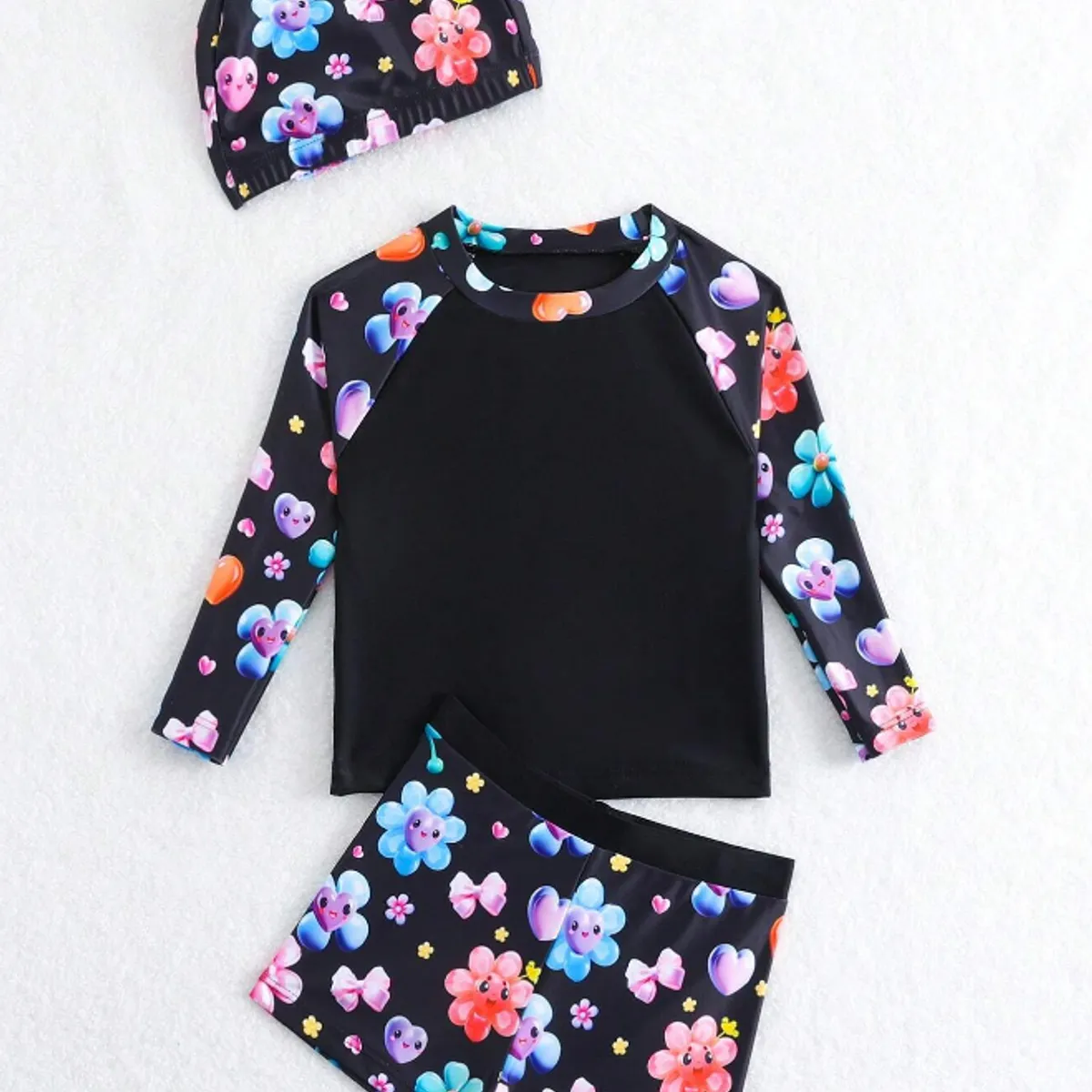 KIRAMA CLOTHING STORE - Set de baño negro de 3 piezas con estampado floral y gorro para chicos o chicas
