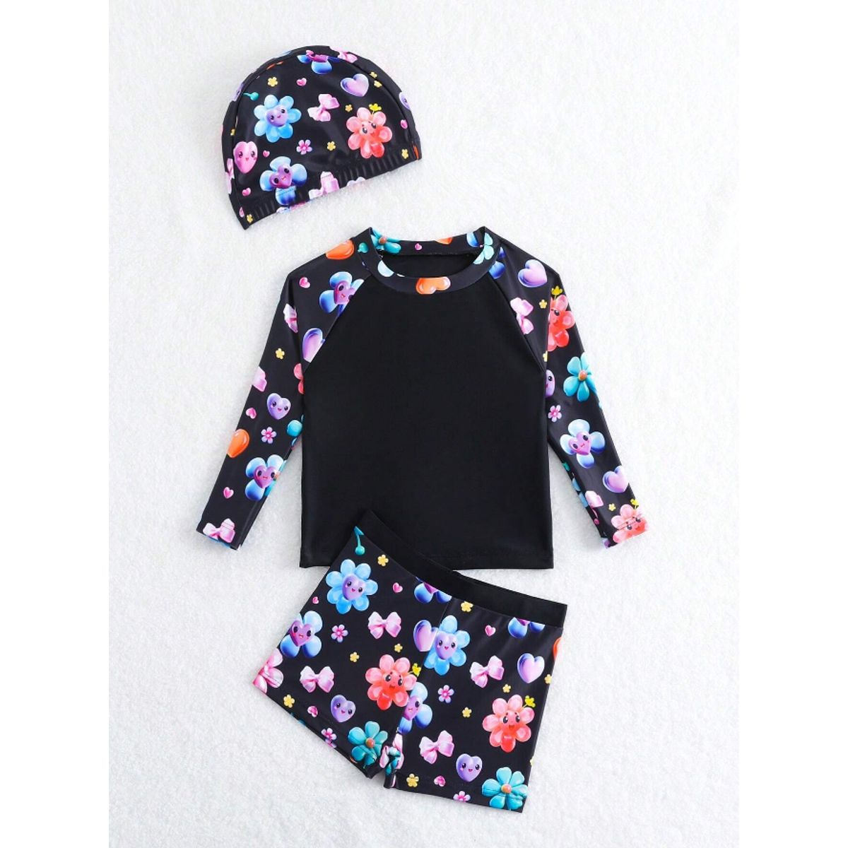 KIRAMA CLOTHING STORE - Set de baño negro de 3 piezas con estampado floral y gorro para chicos o chicas
