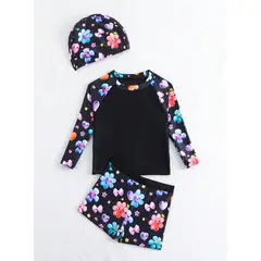 KIRAMA CLOTHING STORE - Set de baño negro de 3 piezas con estampado floral y gorro para chicos o chicas