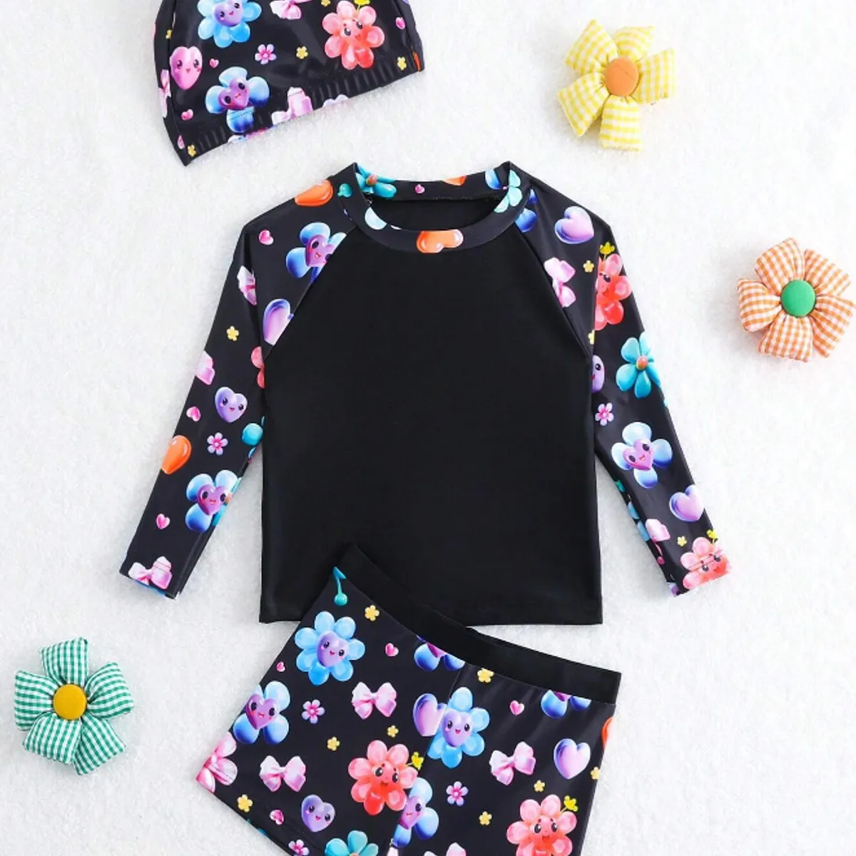 KIRAMA CLOTHING STORE - Set de baño negro de 3 piezas con estampado floral y gorro para chicos o chicas