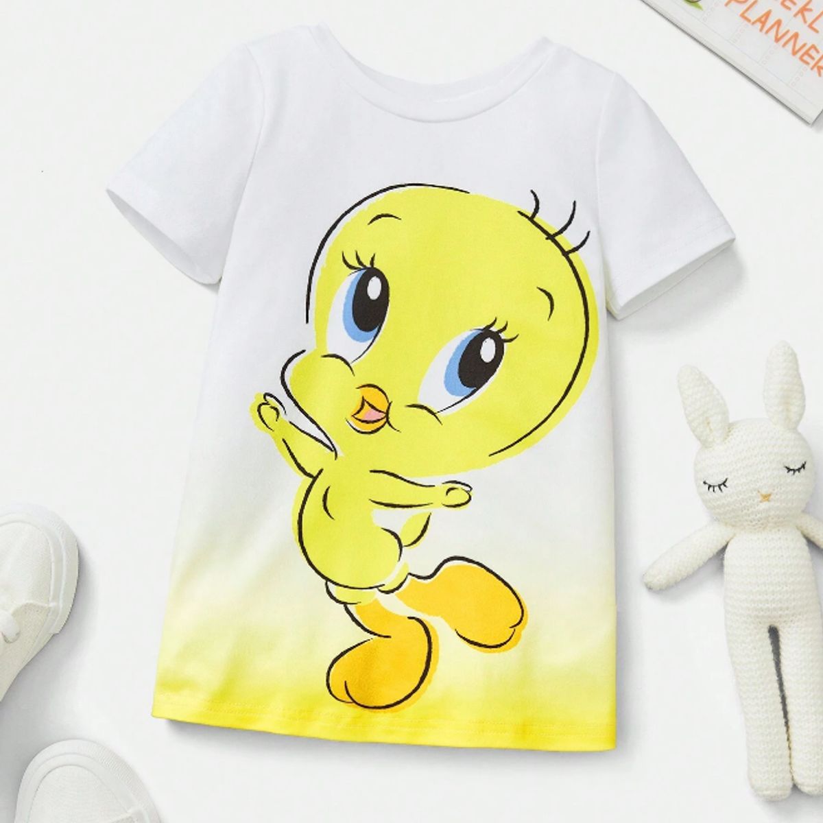 KIRAMA CLOTHING STORE - Vestido blanco con estampado de dibujos animados y degradado amarillo para chicas