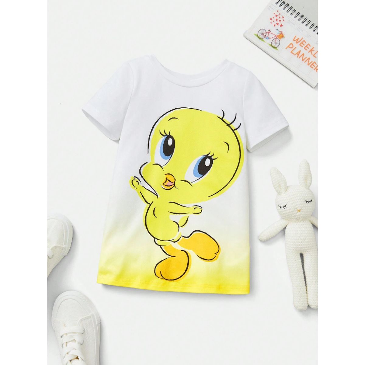 KIRAMA CLOTHING STORE - Vestido blanco con estampado de dibujos animados y degradado amarillo para chicas