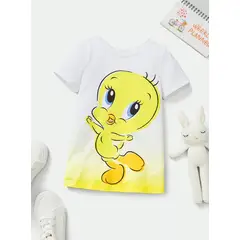 KIRAMA CLOTHING STORE - Vestido blanco con estampado de dibujos animados y degradado amarillo para chicas