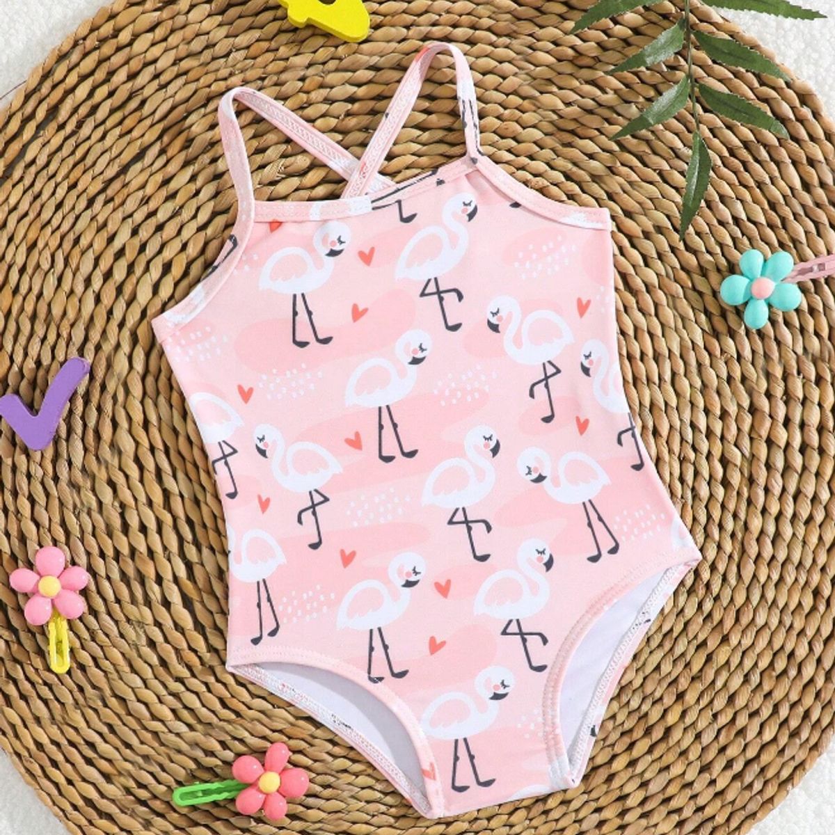 KIRAMA CLOTHING STORE - Traje de baño rosa con tirantes cruzados y estampado de flamencos para chicas