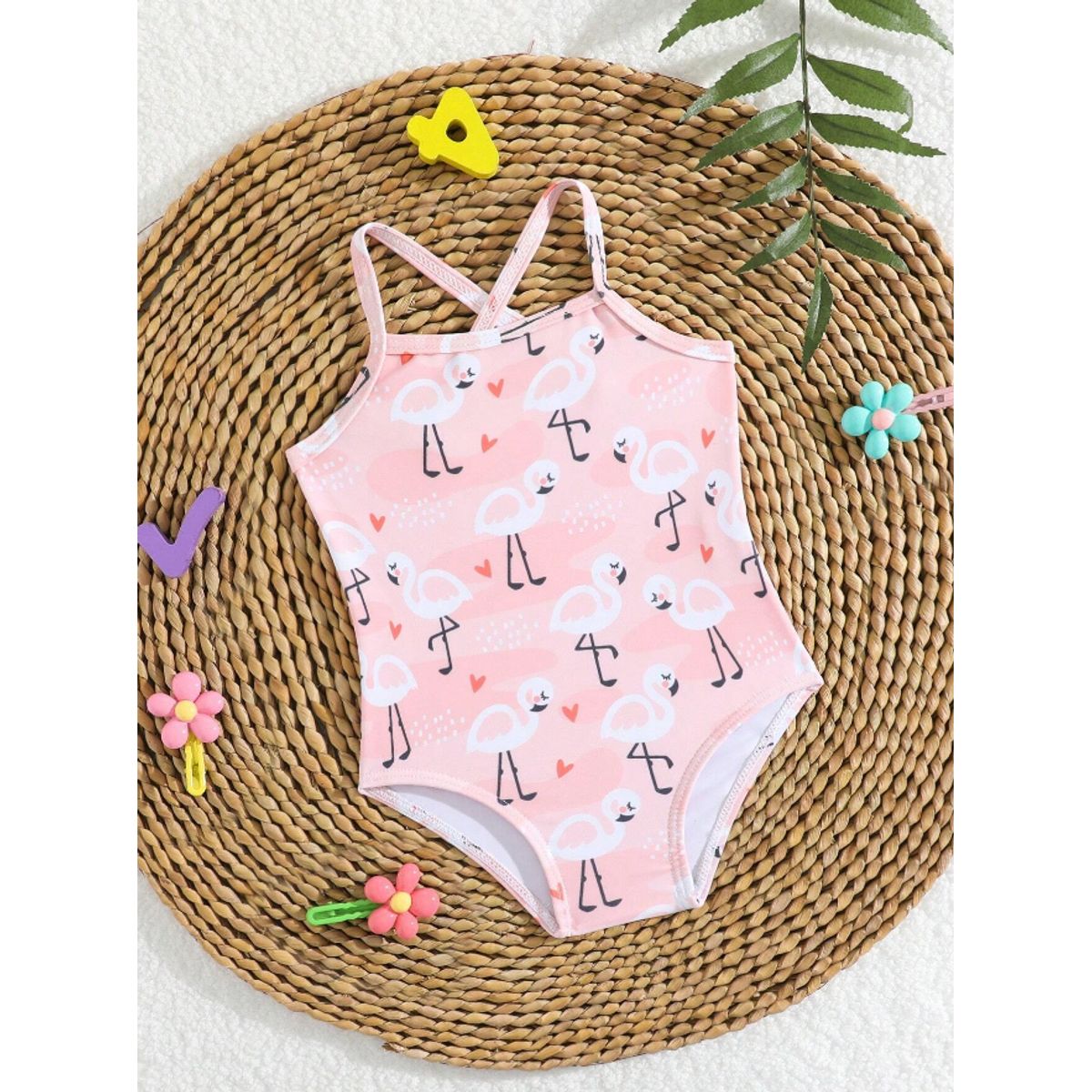 KIRAMA CLOTHING STORE - Traje de baño rosa con tirantes cruzados y estampado de flamencos para chicas