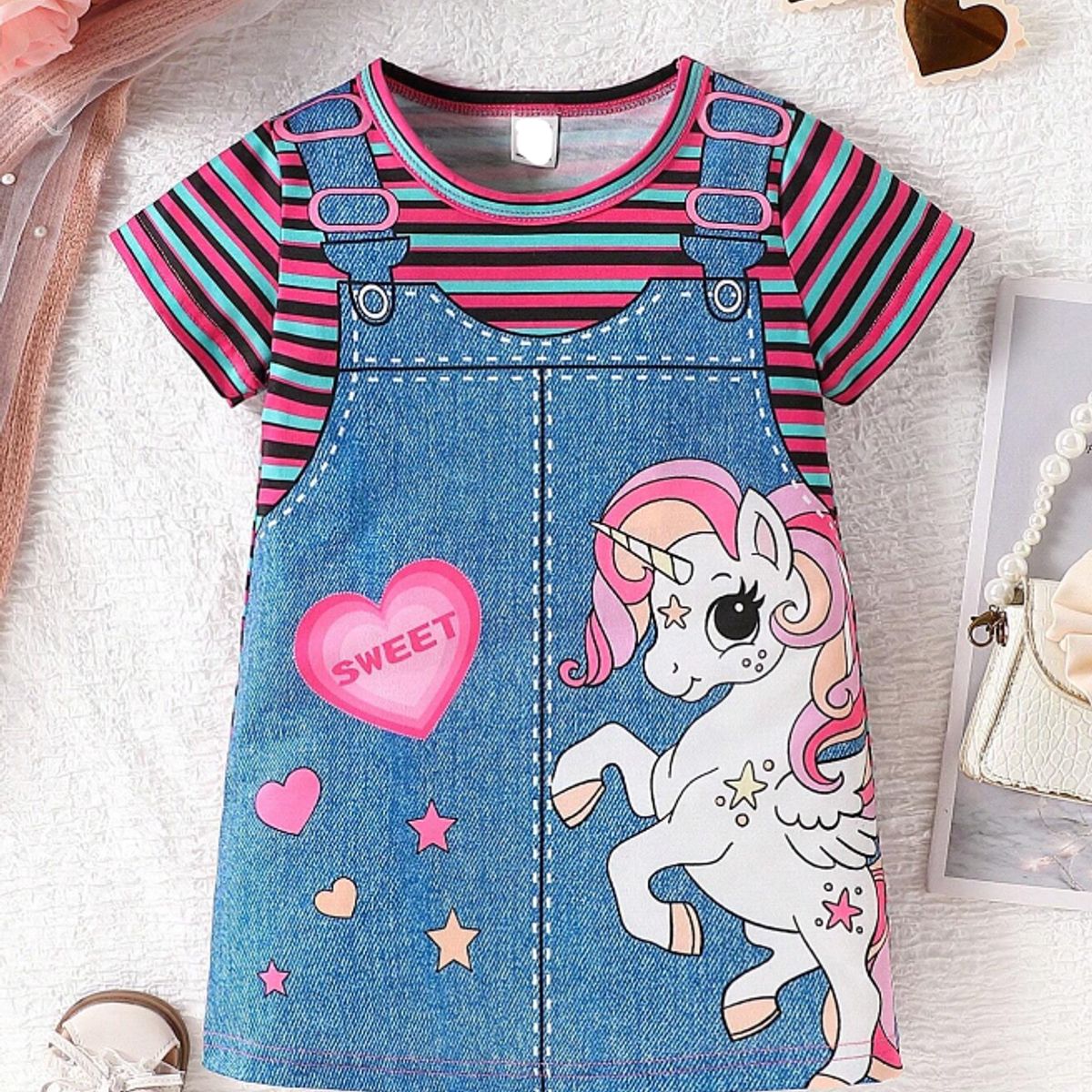 KIRAMA CLOTHING STORE - Vestido multicolor con diseño de unicornio y efecto peto para chicas