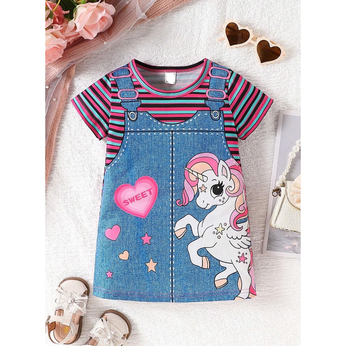 KIRAMA CLOTHING STORE - Vestido multicolor con diseño de unicornio y efecto peto para chicas