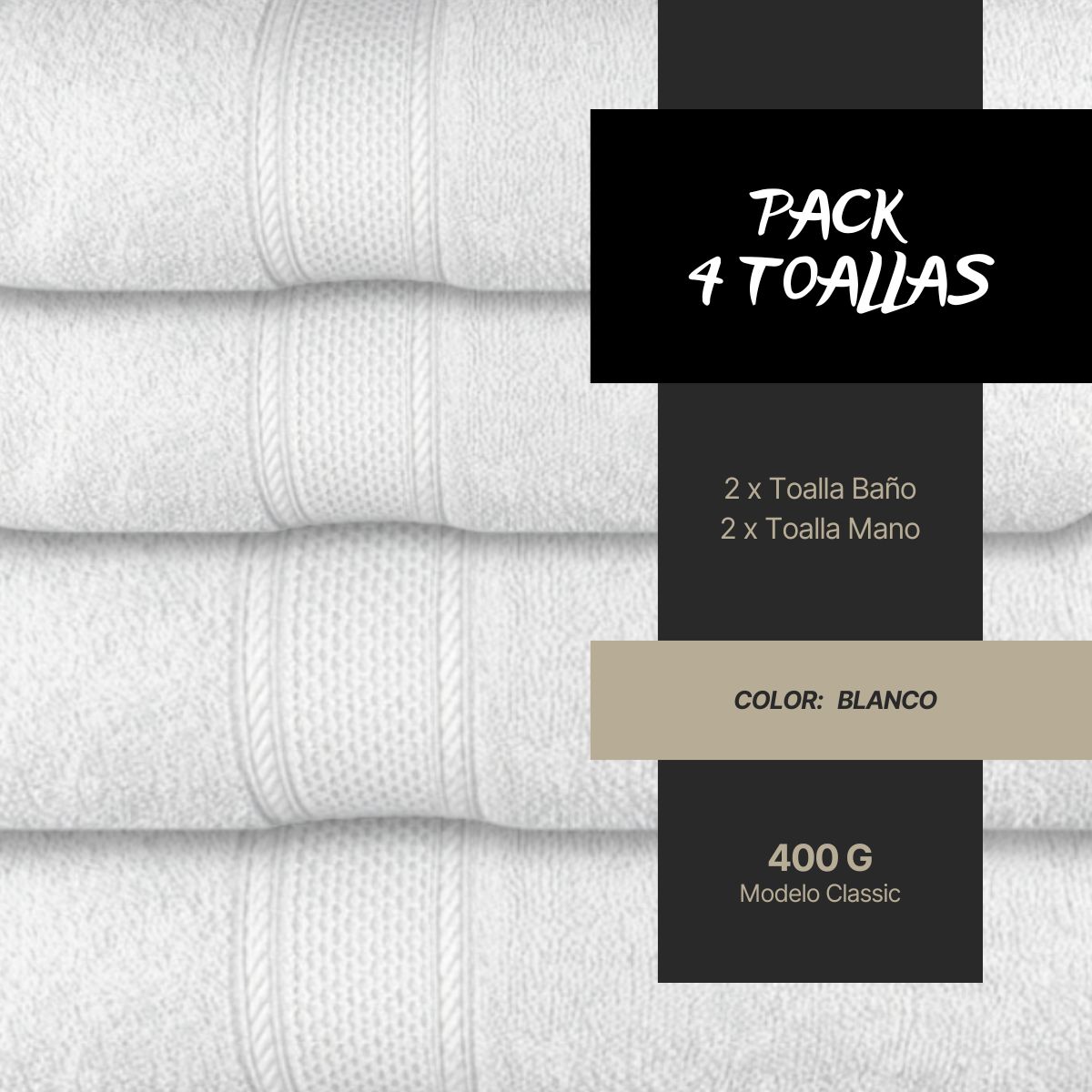 CHITECO - Pack 4 Toallas Chiteco (By Lourdes) Algodón 400g Baño & Manos Blanco