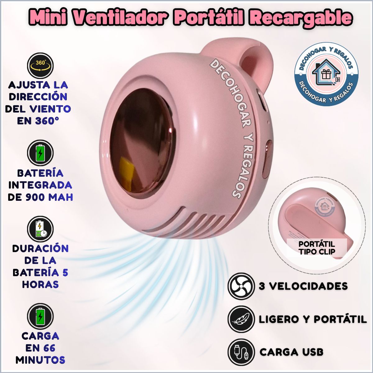 GENERICO - Mini Ventilador Portátil Ajustable 360° Recargable Tipo Clip