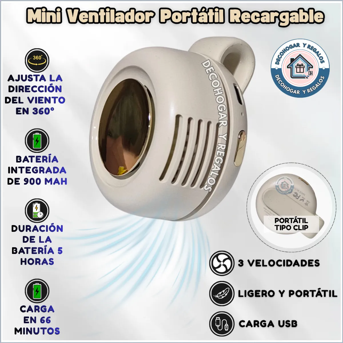 GENERICO - Mini Ventilador Portátil Ajustable 360° Recargable Tipo Clip