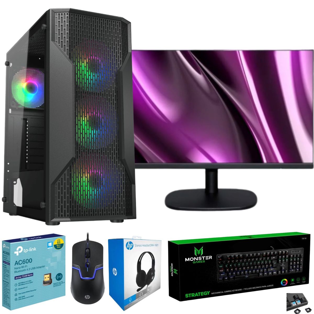 LOTENDRAS - PC Gamer Completo - Ryzen 5 3400G - 16GB RAM - 480GB SSD - Monitor 24" - RGB