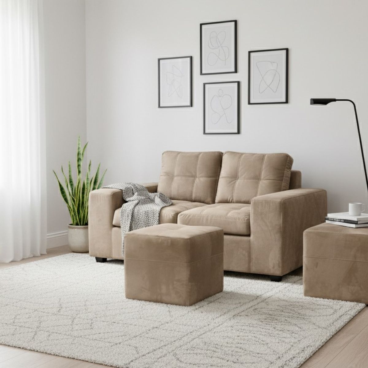 MUEBLES COTTONI - Sofá 2 cuerpos + 2 Pouf Lucca Felpa