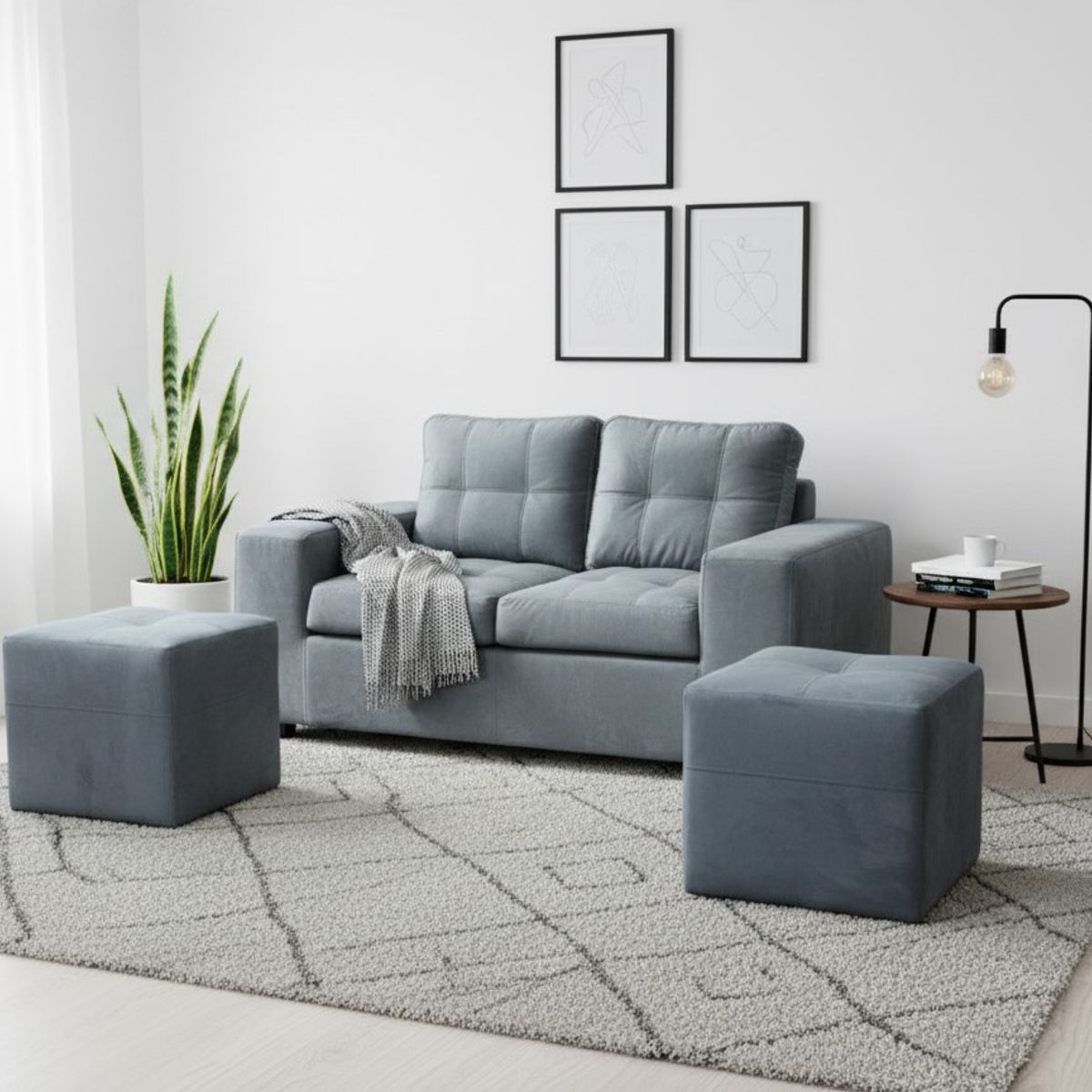 MUEBLES COTTONI - Sofá 2 cuerpos + 2 Pouf Lucca Felpa