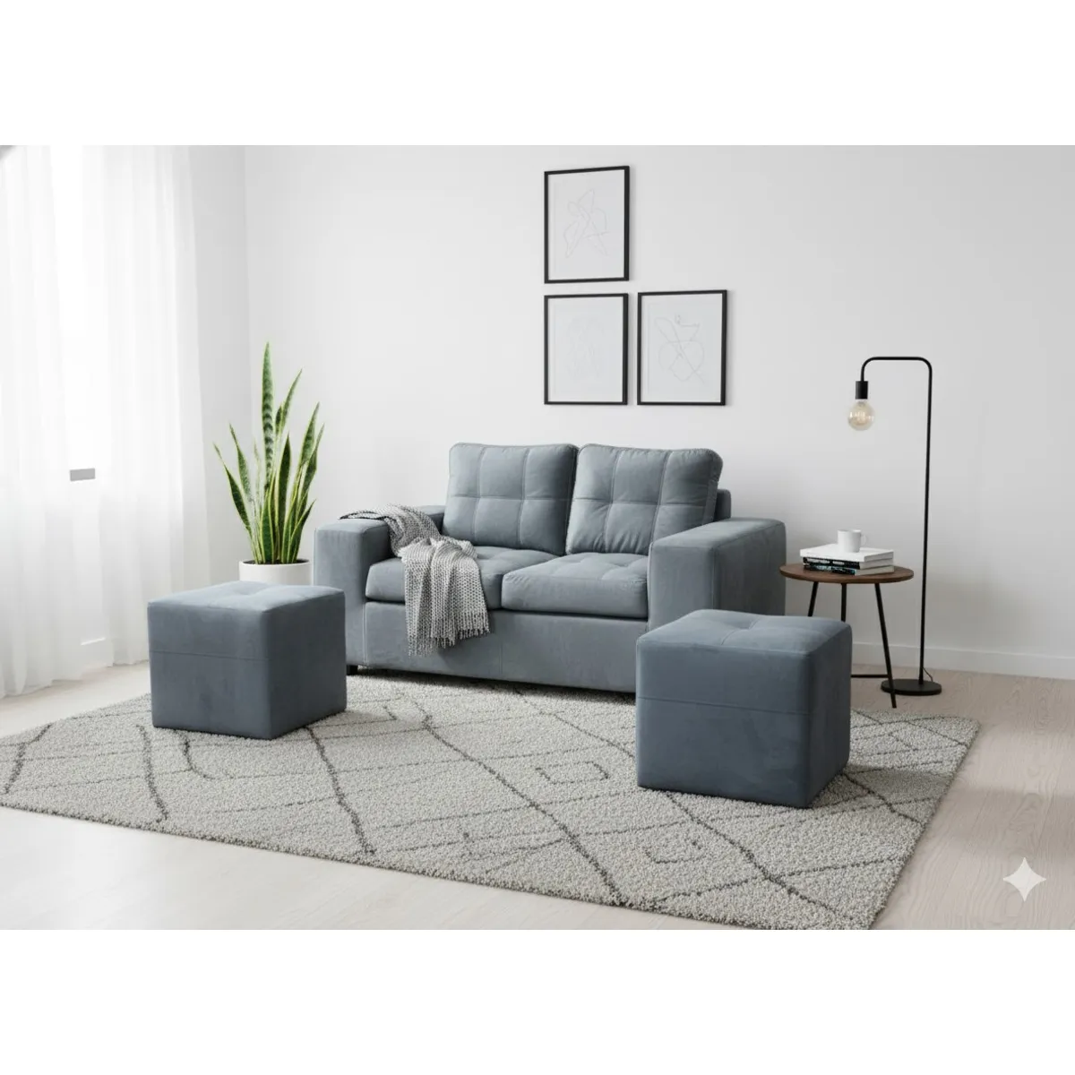 MUEBLES COTTONI - Sofá 2 cuerpos + 2 Pouf Lucca Felpa