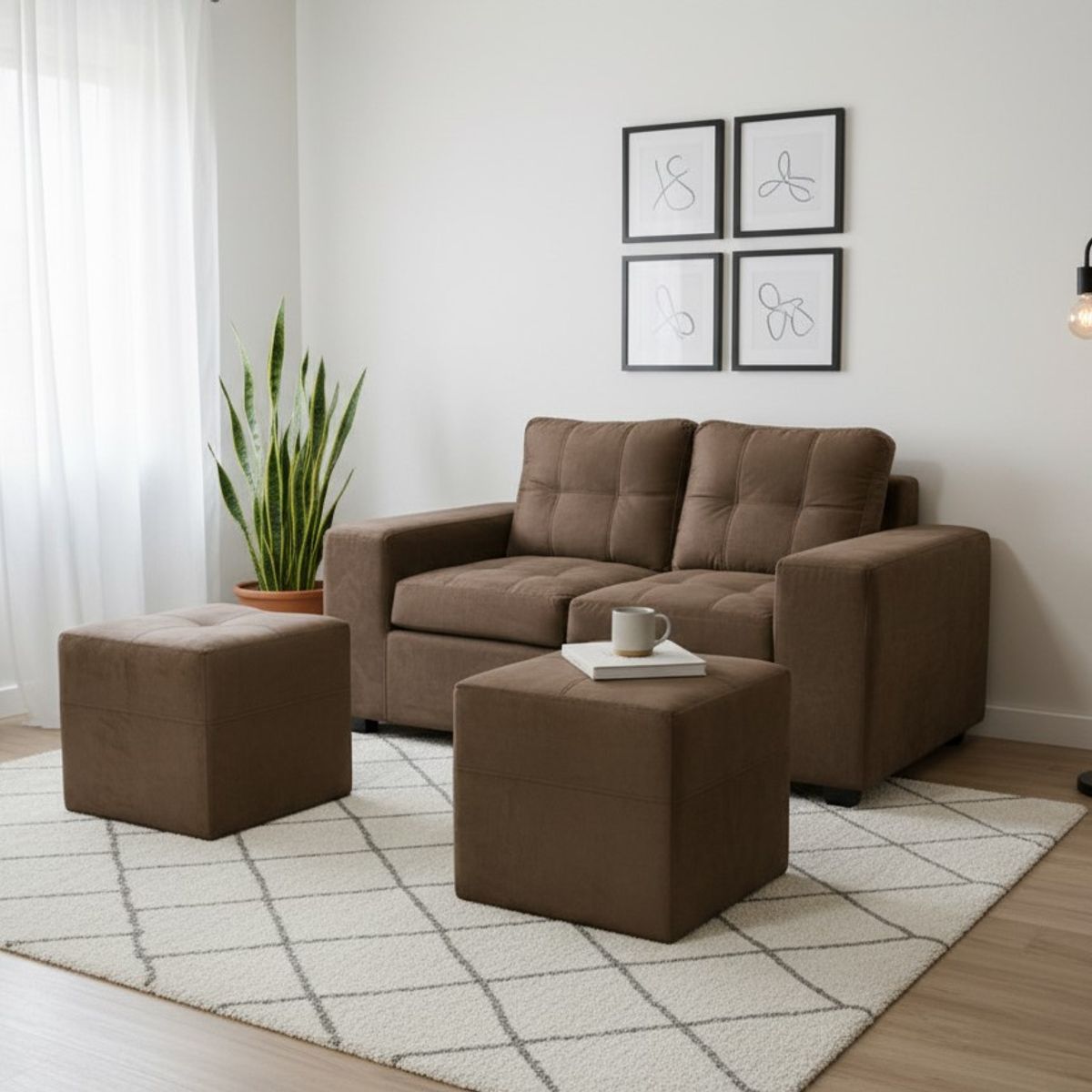 MUEBLES COTTONI - Sofá 2 cuerpos + 2 Pouf Lucca Felpa