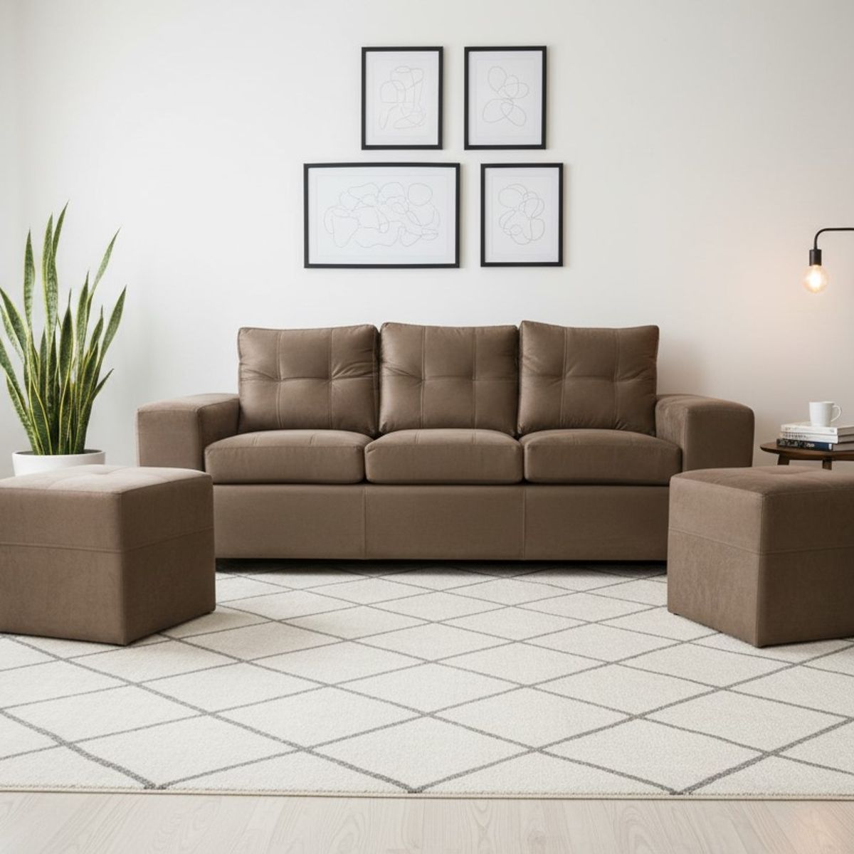 MUEBLES COTTONI - Sofá 3 cuerpos + 2 Pouf Lucca Felpa