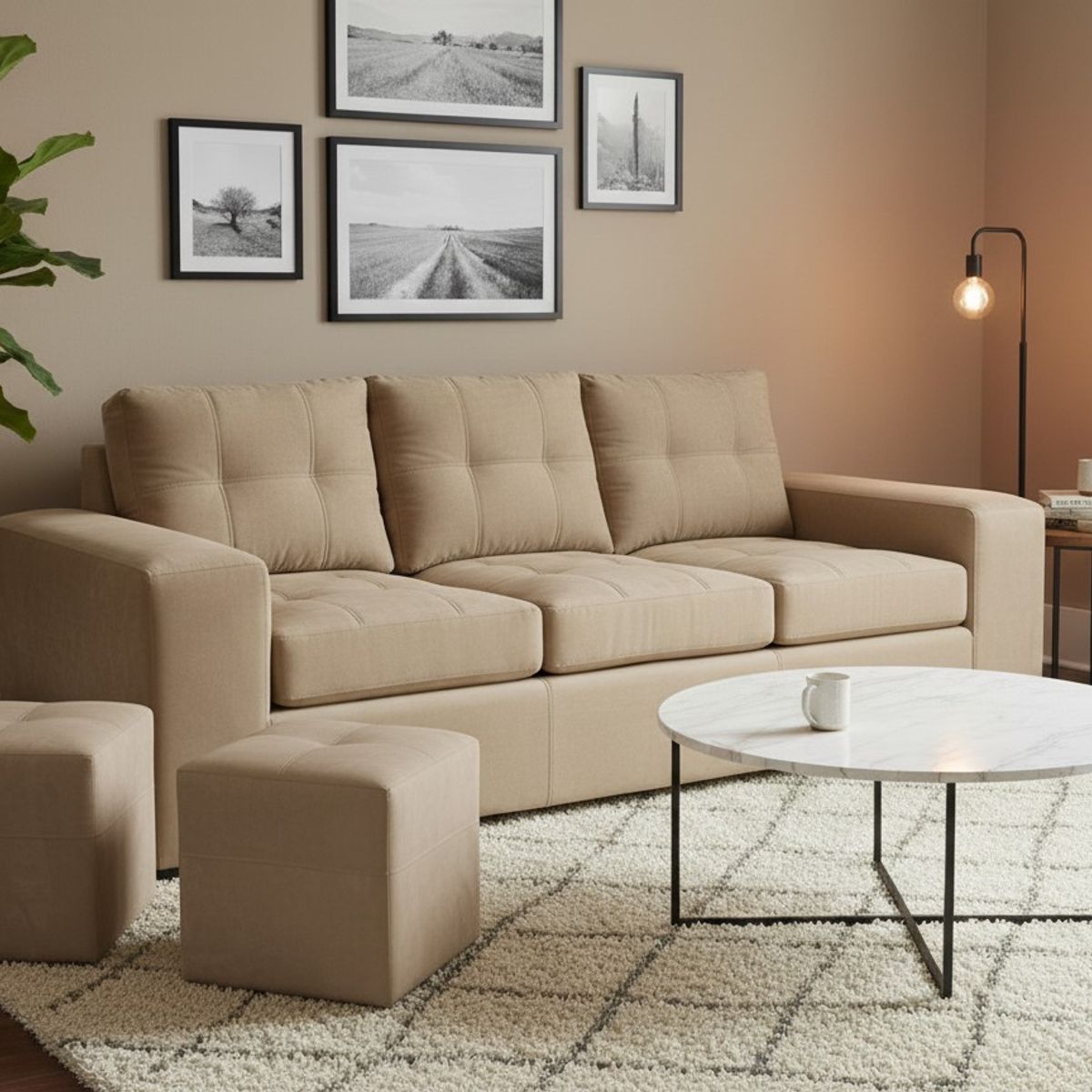 MUEBLES COTTONI - Sofá 3 cuerpos + 2 Pouf Lucca Felpa