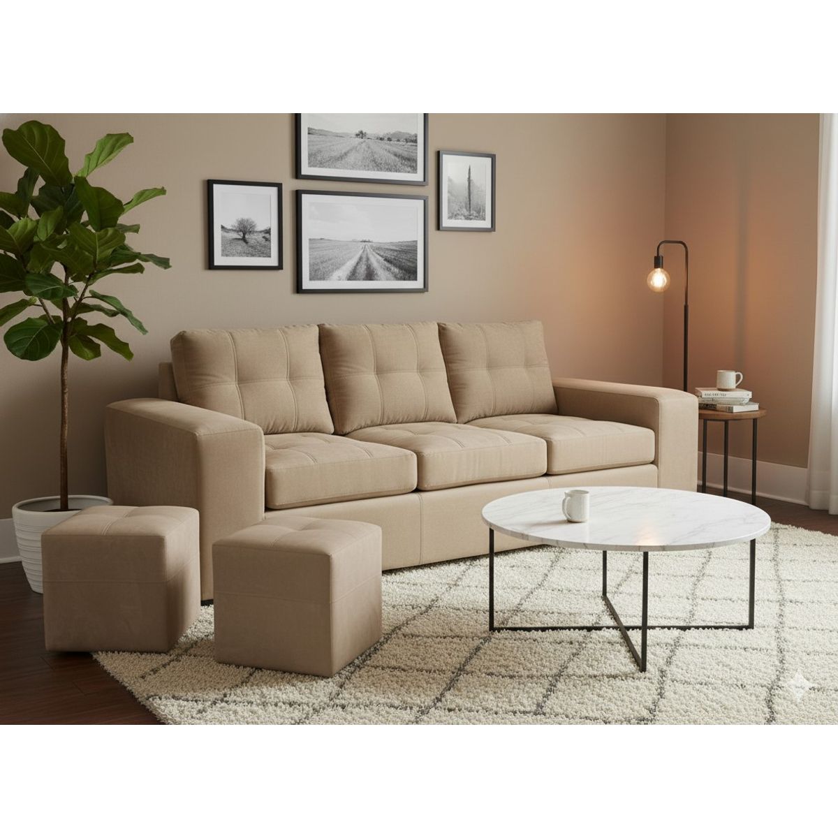 MUEBLES COTTONI - Sofá 3 cuerpos + 2 Pouf Lucca Felpa