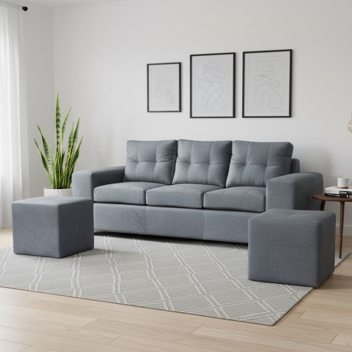 MUEBLES COTTONI - Sofá 3 cuerpos + 2 Pouf Lucca Felpa.