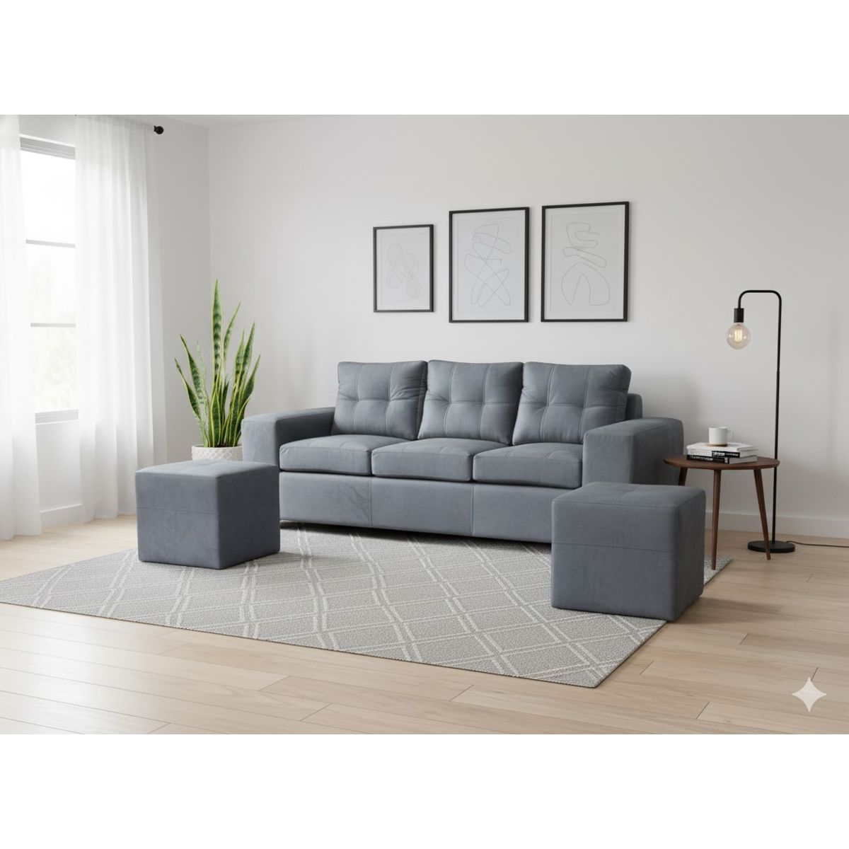 MUEBLES COTTONI - Sofá 3 cuerpos + 2 Pouf Lucca Felpa.