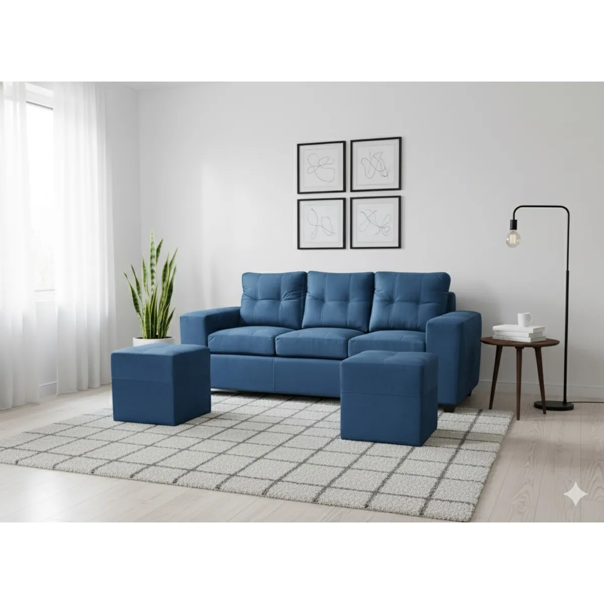 MUEBLES COTTONI - Sofá 3 cuerpos + 2 Pouf Lucca Felpa