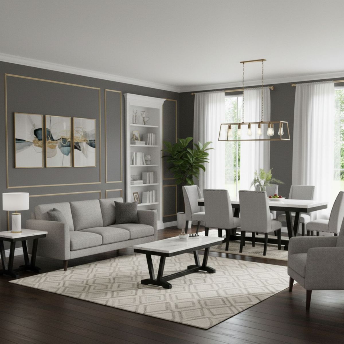 DANIELS - Set de Comedor 6 Sillas Rodeus + Mesa de Centro + Mesa Lateral Mármol Blanco