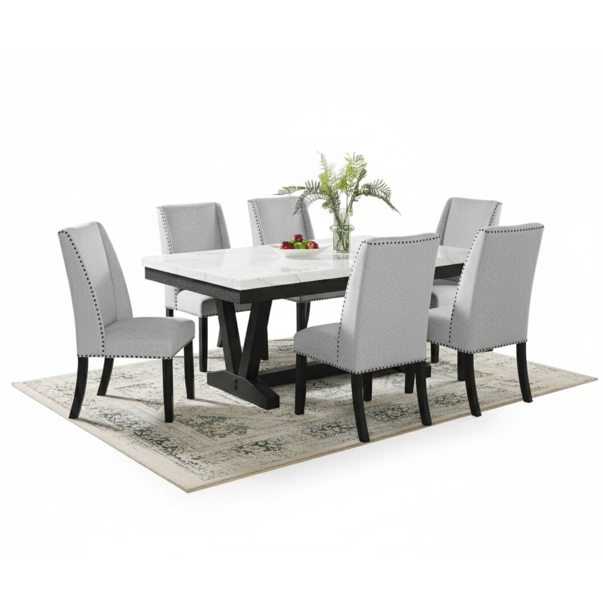 DANIELS - Set de Comedor 6 Sillas Rodeus + Mesa de Centro + Mesa Lateral Mármol Blanco