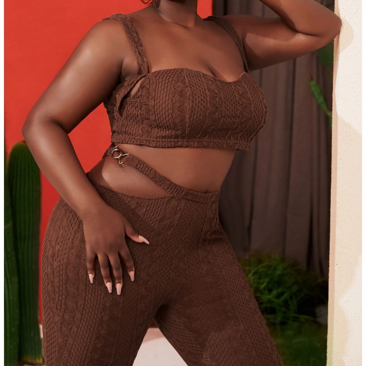 KIRAMA CLOTHING STORE - Top marrón tipo bustier con textura elástica y escote corazón